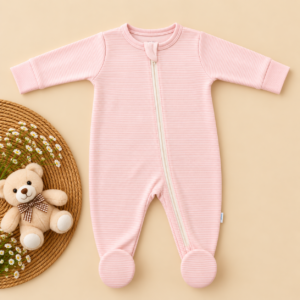 Full Zipper footed Baby Sleepsuit 3-6m - Peach Stripes
