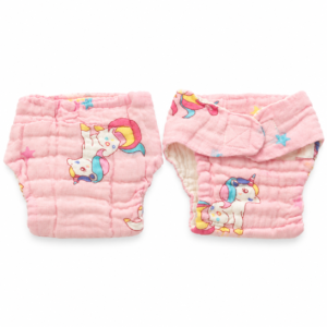 6 Layer Crinkle Muslin Nappy,S (0-6m) (Velcro type) - Pink Unicorn