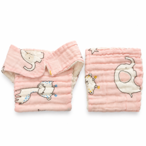 6 Layer Crinkle Muslin Nappy,S (0-6m) (Velcro type) - Pink Animals