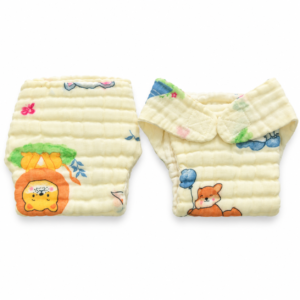 6 Layer Crinkle Muslin Nappy,S (0-6m) (Velcro type) - Cream Animals