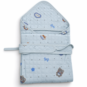 Muslin Coloured Hooded Wrapper - Blue Lovely Teddy