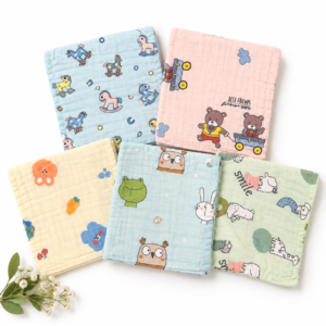 Crinkle Muslin 6 Layer Wash clothes (Colour Printed )25*25cm - pack of 5